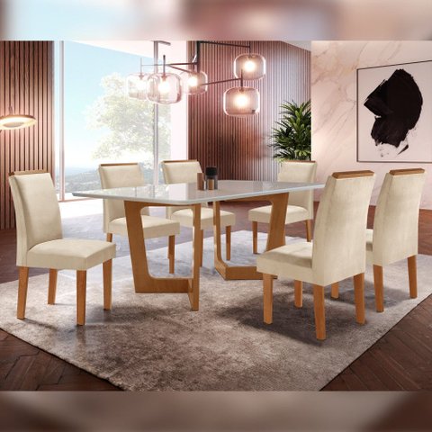 Conjunto Sala de Jantar Nápoles Tampo Vidro/MDF com 6 Cadeiras Luísa Smart Plus Cel Móveis