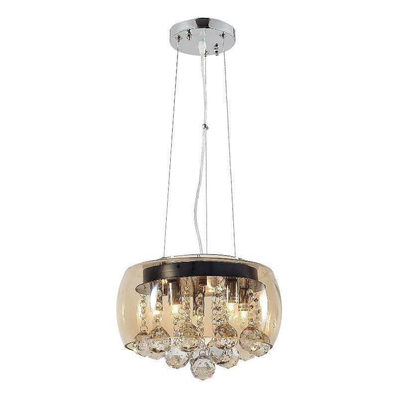 Lustre Pendente Cúpula 30cm Vidro Âmbar e Cristal Transparente Delicado Luxo Inl76