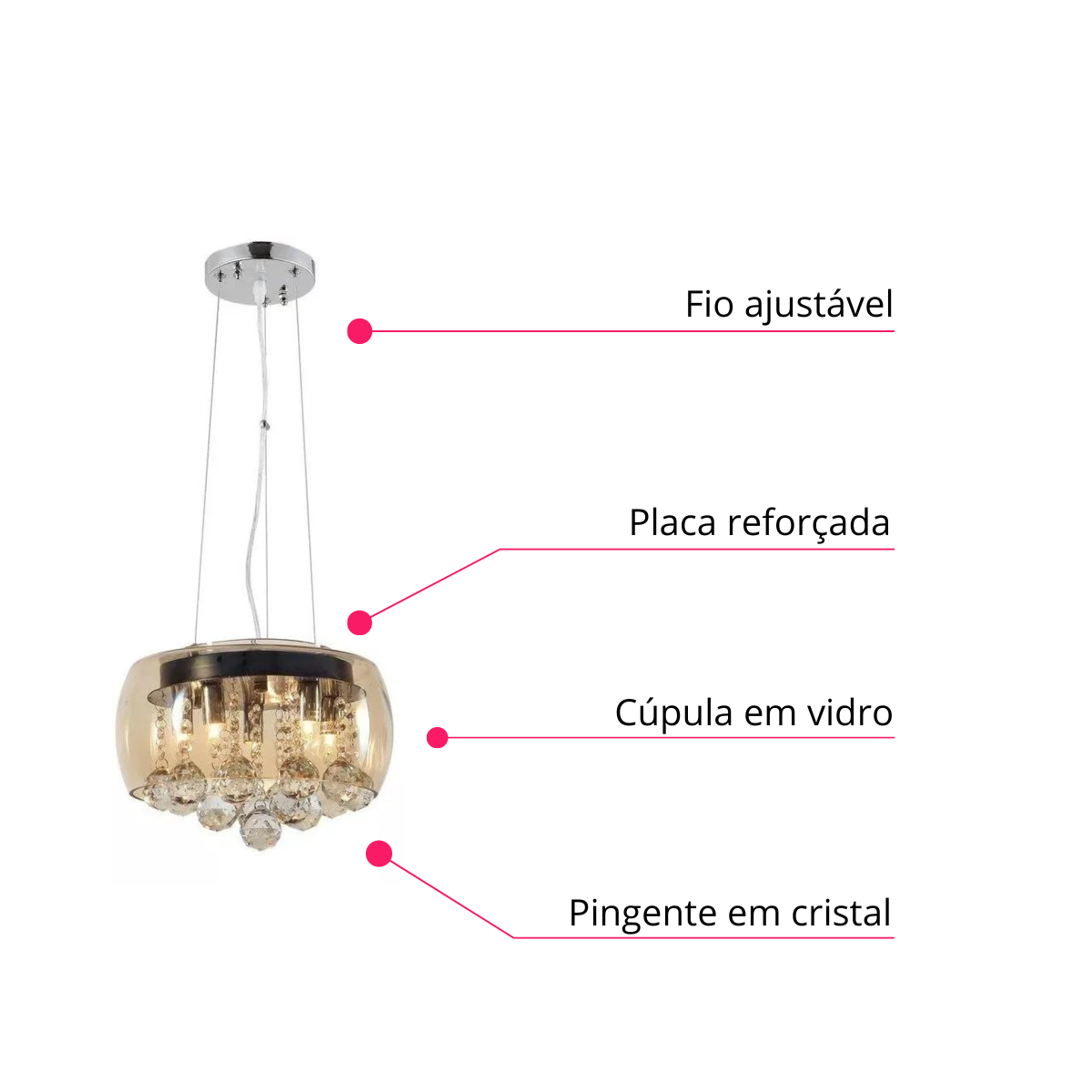 Lustre Pendente Cúpula 30cm Vidro Âmbar e Cristal Transparente Delicado Luxo Inl76 - 4