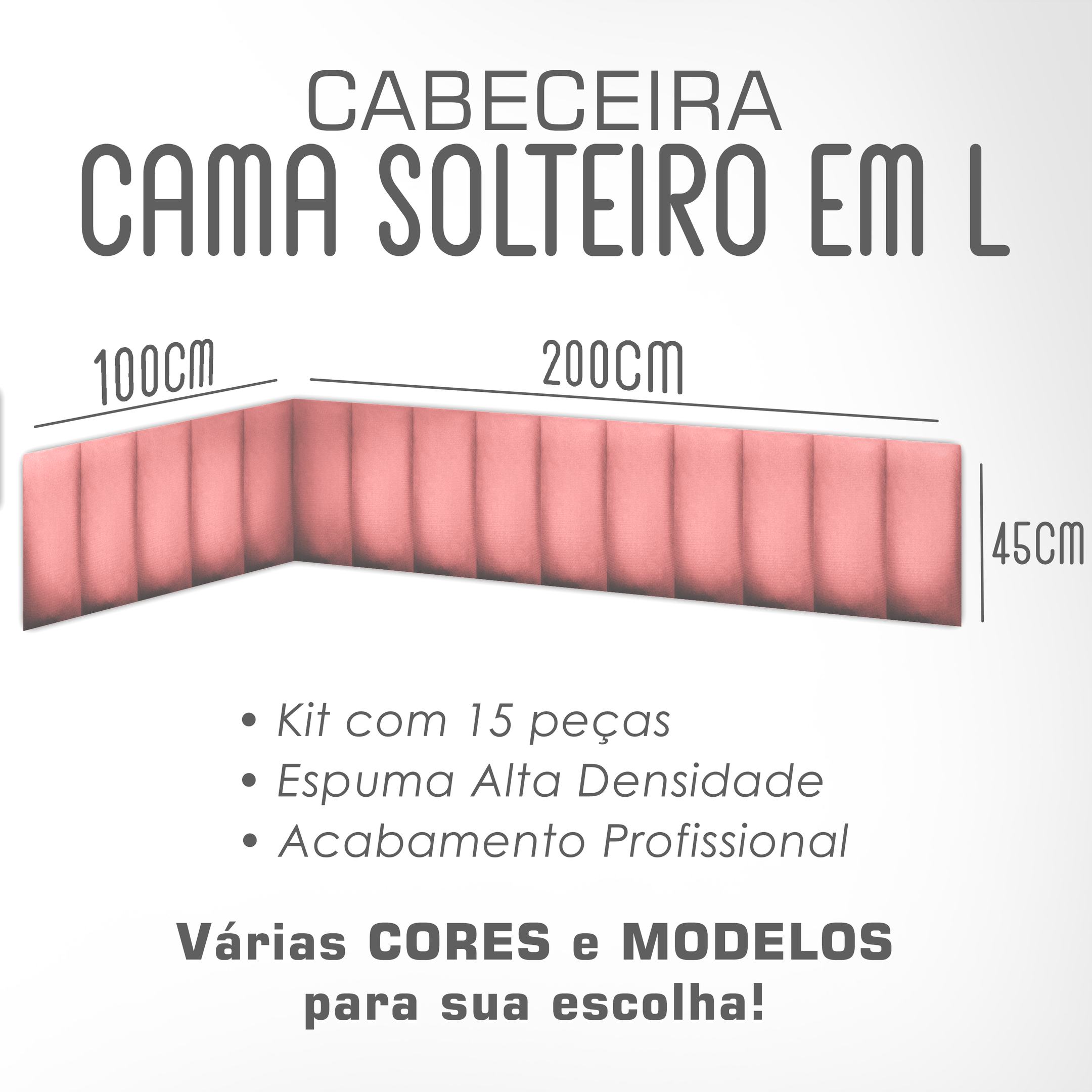 Cabeceiras em L de Cama Solteiro Estofada Modulada 3,00mx45cm - 2