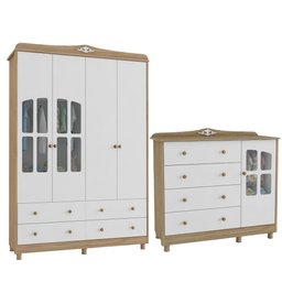 Jogo de Quarto Infantil Elô Guarda Roupa e Cômoda Branco Brilho/Carvalho Perobas - 1