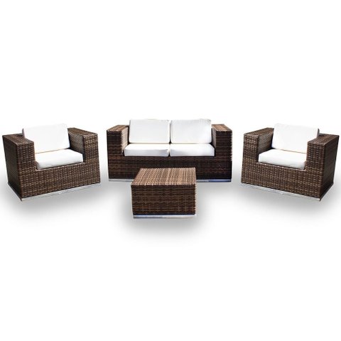 Conjunto de Sofá Fibra Sintética Quadrado - 1 Sofá 2L + 2 Poltronas + 1 Mesa Centro - Tecido Duna Cr