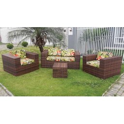 Conjunto de Sofá Fibra Sintética Quadrado Aço - 1 Sofá 2L + 2 Poltronas + 1 Mesa Centro - Tecido Saq - 1