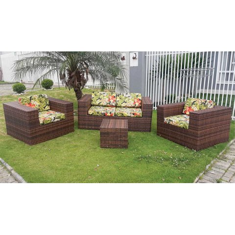 Conjunto de Sofá Fibra Sintética Quadrado Aço - 1 Sofá 2L + 2 Poltronas + 1 Mesa Centro - Tecido Saq