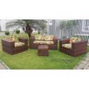 Ver imagem 1 de Conjunto de Sofá Fibra Sintética Quadrado Aço - 1 Sofá 2L + 2 Poltronas + 1 Mesa Centro - Tecido Saq