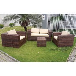 Conjunto de Sofá Fibra Sintética Quadrado Aço - 1 Sofá 2L + 2 Poltronas + 1 Mesa Centro - Tecido Dun - 2