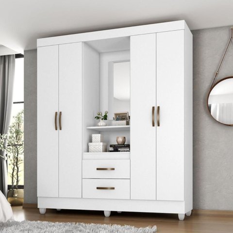 Roupeiro Capelinha 4 Portas 2 Gavetas Lite Branco Brilho Espelho 150cm Mdp