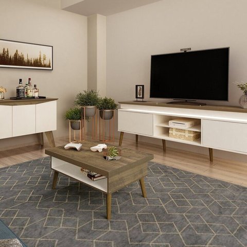 Conjunto 3 Peças Sala de Estar Mesa de Centro Lucca e Buffet Oásis e Rack Lumina
