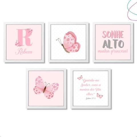 Quadros Decorativos Infantil Menina Borboletas com Moldura:branca