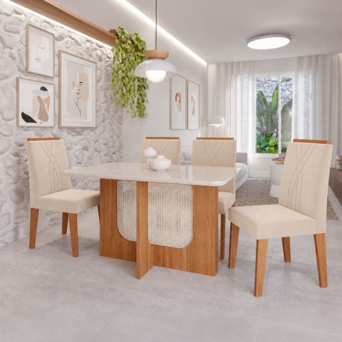 Sala de Jantar 4 Lugares Tampo de Vidro 130 cm Amelia Cinamomo/Nude - Panorama Móveis