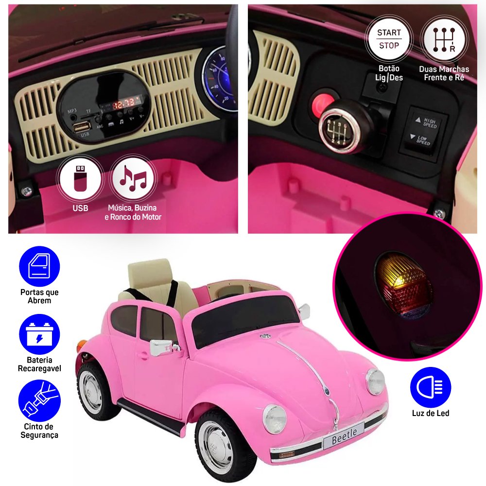 Carro Elétrico Infantil Vw Beetle Rosa com Controle Remoto Zippy Toys - 4