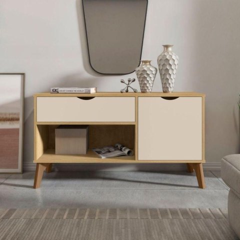 Balcão Aparador Rima Contemporâneo 1 Porta 1 Gaveta MDF 118cm Cinamomo Off White
