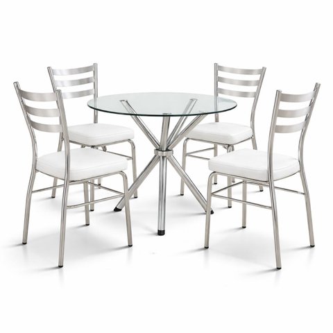 Jogo Mesa Jantar Pé Palito Cromada + 4 Cadeiras Reforço Assento Grosso Branco Vidro 90cm