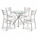Ver imagem 1 de Jogo Mesa Jantar Pé Palito Cromada + 4 Cadeiras Reforço Assento Grosso Branco Vidro 90cm