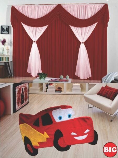 Kit Decoração para Quarto de Menino = Cortina Malha Jéssica + Tapete Pelucia Big Carro - Vermelho - 1