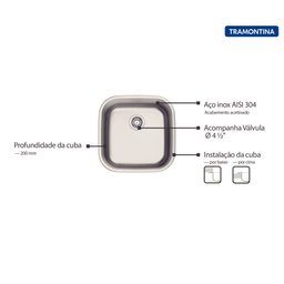 Cuba de Embutir ou Sobrepor Tramontina Tramontina Aria Maxi 40 Bs em Aço Inox Acetinado 40x40 Cm Tra - 4