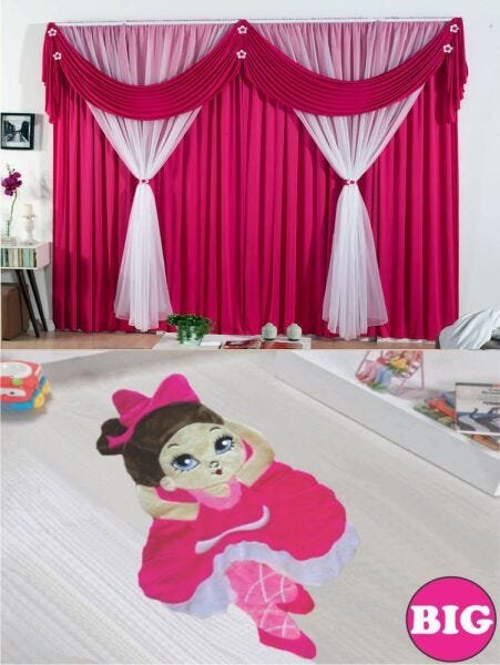 Kit Decoração para Quarto de Menina = Cortina Malha Jéssica + Tapete Pelucia Big Jully - Pink