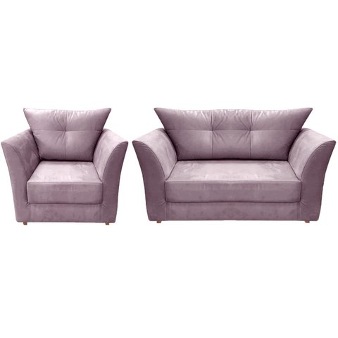 Kit Namoradeira + 1 Poltrona Decorativa Isis Suede Rosê Pés Madeira Ms Decor
