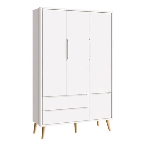 Guarda-roupa Retro Theo 3 Portas com Pé em Madeira Natural - Branco Fosco