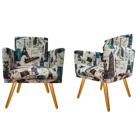 Kit 2 Poltronas Decorativa Bia Suede Paris Azul Pés Madeira Ms Decor