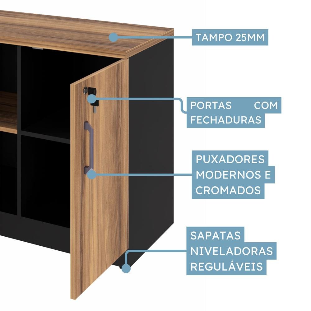 Armário para Escritório 1,20m 2 Portas Nogal Pr F5 Office Cor:nogal com Preto - 6