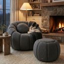 Ver imagem 1 de Poltrona Decorativa Sala Estar Quarto Concha c/Puff Orgânica Boucle Cinza Escuro - Vimont Moveis