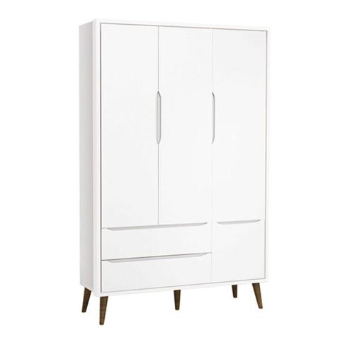 Guarda-roupa Retro Theo 3 Portas com Pé em Madeira - Branco Fosco