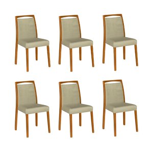 Kit 6 Cadeiras de Jantar Estofadas Jade Veludo Bege Base Madeira Maciça Mel