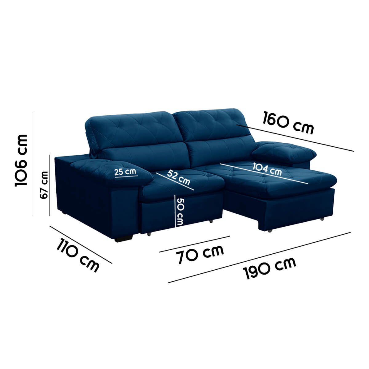 Sofa Retratil Reclinavel 2 Lugares 1,90m Crystal Veludo Azul Marinho Lansofbr Lansof Brasil - 6