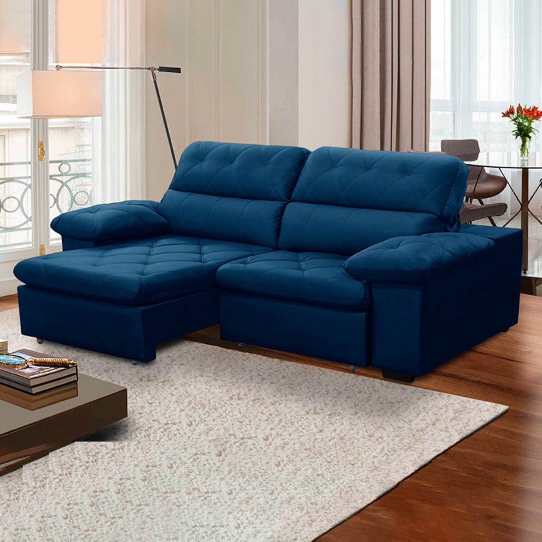 Sofa Retratil Reclinavel 2 Lugares 1,90m Crystal Veludo Azul Marinho Lansofbr Lansof Brasil