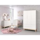 Ver imagem 3 de Guarda-roupa Retro Square 3 Portas com Pés em Madeira Natural - Branco Fosco