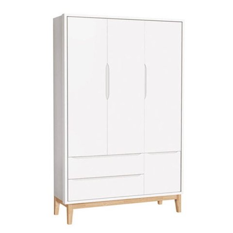 Guarda-roupa Retro Square 3 Portas com Pés em Madeira Natural - Branco Fosco