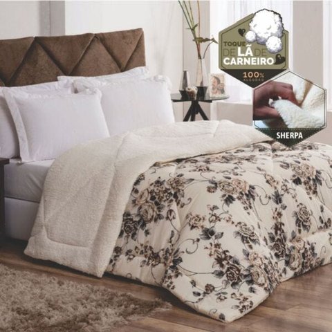 Edredom Confort Queen Dupla Face Sherpa Toque Lã Carneiro - Bege