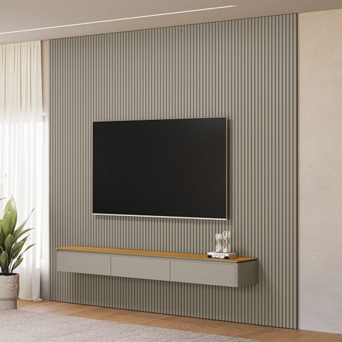 Painel Ripado Modular 297cm Ozero Mdp/mdf Nicho Arredondado Gris/tauari Fosco G77 - Gran Belo