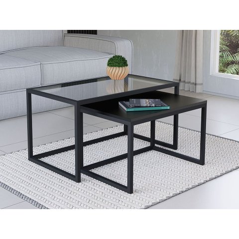 Conjunto Mesa de Centro Industrial 65cm e 60cm Preto Duo Vidro e Madeira Don Castro Decor Preto