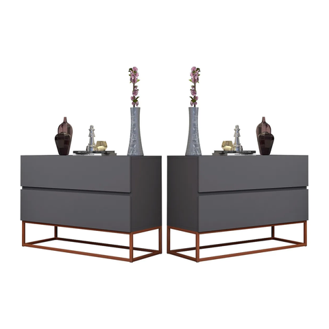 Conjunto 2 Mesas de Apoio de Cabeceira Eros 60cm Base Metálica Cobre para Quarto Moderno:cinza