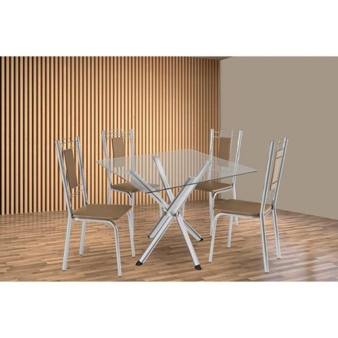Sala de Jantar Completa Volga C/ Tampo de Vidro 90cm e 4 Cadeiras Florença Cromada - Courano