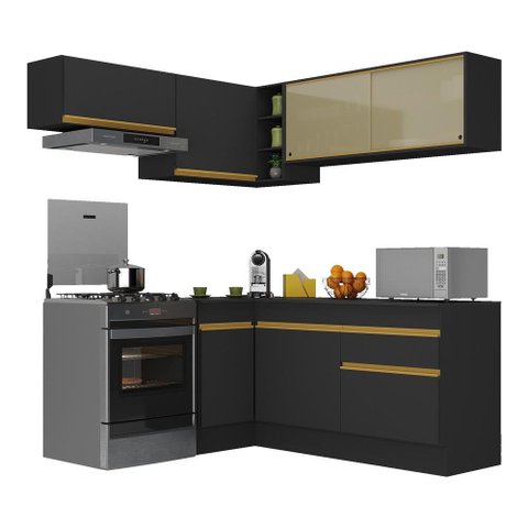 Armário de Cozinha Completa de Canto com Rodapé Veneza Multimóveis V2094 Preto/Dourado