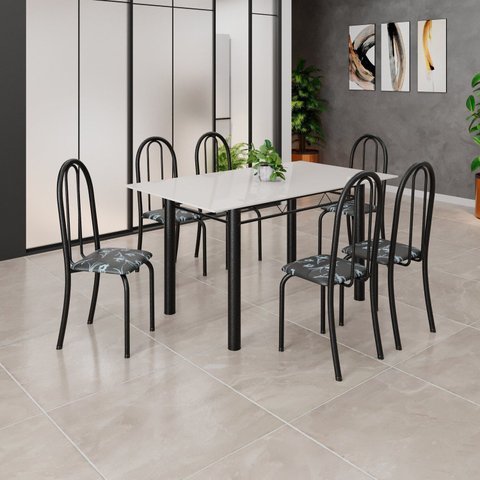 Conjunto de Mesa Tubular 140cm x 75cm Tampo em Vidro com 6 Cadeiras Iris B Preto