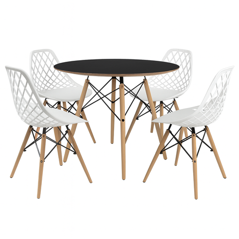 Mesa Eames Preta 90cm com 4 Cadeiras Polipropileno Kaila Brancas para Cozinha