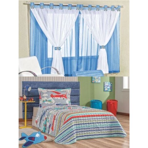 Kit Cortina Juvenil Quarto Menino + Colcha Matelada + Tapete Avião - Azul Turquesa