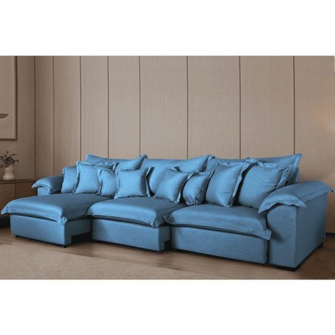 Sofá Magnífico 6 Lugares Retrátil e Reclinável 290cm Azul Linho de Casa Decor