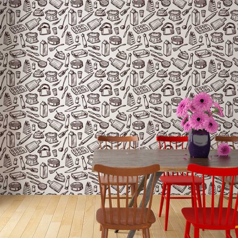 Papel de Parede Cozinha Desenhada Arte Destaque 3,50 Metros