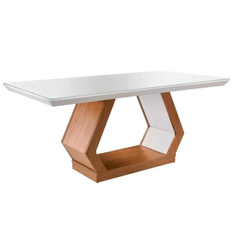 Mesa de Sala Jantar Alvorada + Tampo Madeirado Vidro Reto 180x90cm Imbuia/Off White - Rufato