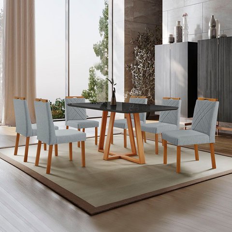 Conjunto Sala de Jantar Mesa Florença Madeira Maciça 160x90cm Tampo Retângular Vidro Preto com 6 Cad