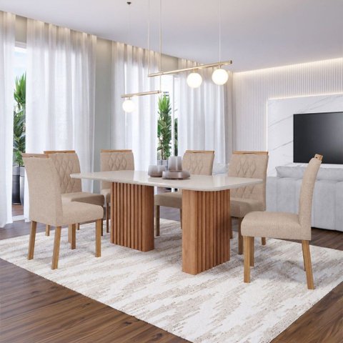 Sala de Jantar 6 Lugares Tampo de Vidro 180 cm Emma Cadeiras Madeira Maciça Cinamomo/Linho Bege - Pa