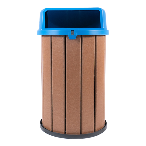 Lixeira Mbs Ecológica Madeira Plástica 100L Coleta Seletiva:Marrom Ipê/Tampa Azul