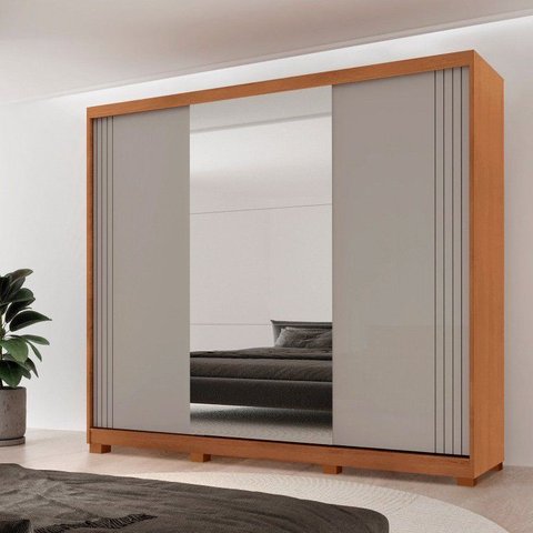 Guarda-Roupa Casal 100% MDF 3 Portas de Correr 4 Gavetas 6 Prat c/ Pés e Espelho Chile Offwhite/Mar