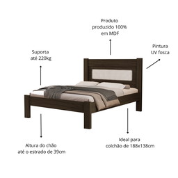 Cama de Casal para Quarto Tradicional Clara Estilo Moderna Mdf com Estrado Madeira Chocolate - 3