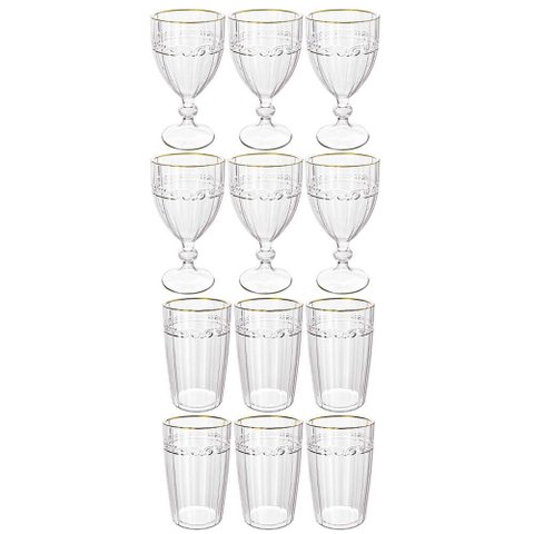 Jogo de Taças e Copos de Cristal Imperial Fio de Ouro 12 Peças - Lyor